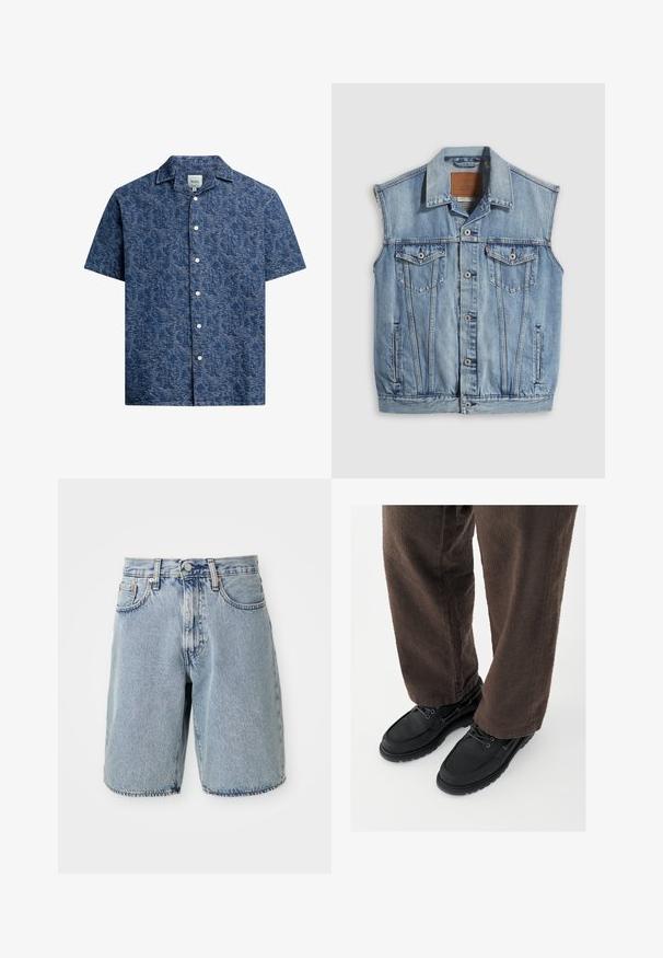 Denimvest i lyseblå med spidse krave, knapper foran, to brystlommer og sidelommer; har et lædermærke med mærket.; Kortærmet skjorte med knaplukning i struktureret mørkeblå stof med et subtilt mønster og en klassisk krave. Har hvide knapper foran.; Lyseblå denimshorts med høj talje, lige snit, frynset kant, fem lommer og knaplukning. Slidt tekstur synlig.; Sorte lædersko med glat finish, rundet tå og snøredesign, kombineret med teksturerede brune bukser. Set fra gulvniveau.