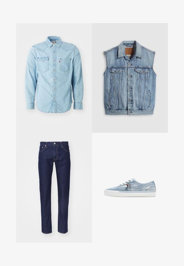 Denimvest i lyseblå med spidse krave, knapper foran, to brystlommer og sidelommer; har et lædermærke med mærket.; Lys blå denim skjorte med lange ærmer, spids krave, to brystlommer, sølvnapsknapper og kontrastsyninger. Glat tekstur.; Mørkeblå denim jeans med lige pasform, fem-lomme design, kontrasterende orange syninger og en sølvknaplukning i taljen.; Lavtopet sneaker i lyseblåt denim med hvid gummisål, hvide snørebånd og dekorative charms, der hænger fra de sideplacerede snørehuller.