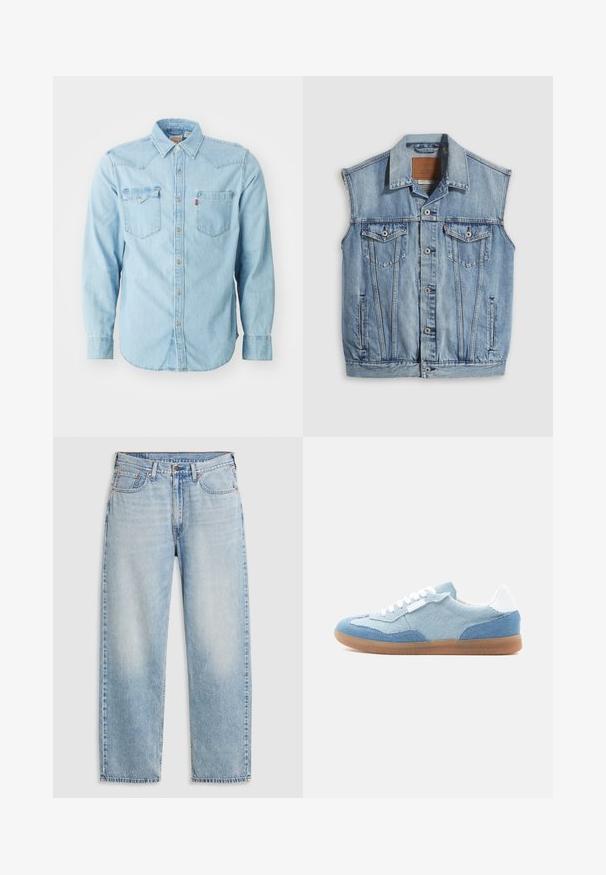 Denimvest i lyseblå med spidse krave, knapper foran, to brystlommer og sidelommer; har et lædermærke med mærket.; Lys blå denim skjorte med lange ærmer, spids krave, to brystlommer, sølvnapsknapper og kontrastsyninger. Glat tekstur.; Lyseblå lige jeans med fem lommer, metalknaplukning og falmede detaljer ved lårene og knæene, lagt fladt på hvid baggrund.; Lav sko med lyseblå og denim paneler, hvide snørebånd, hvid hælflap og sål af gummigummi, set fra siden.