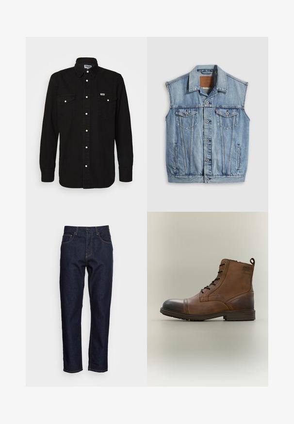 Veste en jean bleu clair avec col pointu, fermeture avant par boutons, deux poches poitrine et poches latérales ; comporte un écusson de marque en cuir.; Chemise noire à manches longues avec col pointu, deux poches poitrine, boutons-pression blancs et tissu texturé. Logo Wrangler sur la poitrine gauche.; Jeans en denim bleu foncé avec une coupe droite, cinq poches et des coutures jaunes contrastées. Conçus avec une fermeture classique à bouton et à glissière.; Botte cheville en cuir marron à lacets avec bout noir, semelle ronde et détail de marque sur le côté sur fond uni.