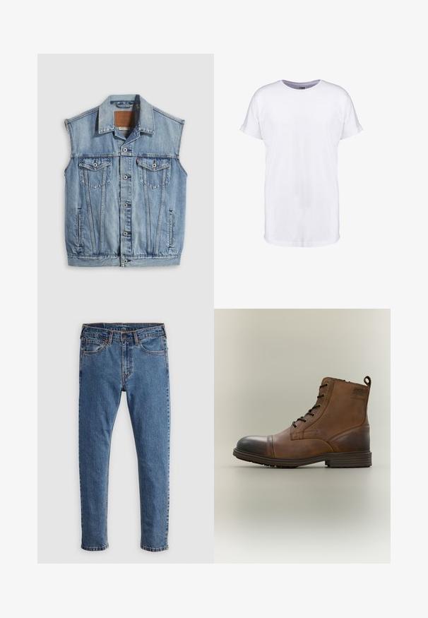 Denimvest i lyseblå med spidse krave, knapper foran, to brystlommer og sidelommer; har et lædermærke med mærket.; Hvid bomulds t-shirt med korte ærmer, rund halsudskæring og en afslappet pasform. Glat tekstur og ingen synlige mønstre eller designs.; Blå denim jeans med lige skæring, fem lommer, orange syninger og en klassisk knap- og lynlåslukning. Slidt tekstur langs benene.; Brun læderstøvle med snørebånd, sort tåhætte, rund sål og mærket detalje på siden mod ensfarvet baggrund.