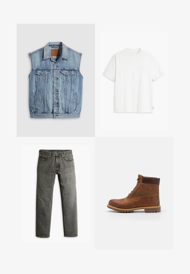 Denimvest in lichtblauw met een puntige kraag, knoopsluiting aan de voorkant, twee borstzakken en zijzakken; voorzien van een lederen merkpatch.; Wit katoenen T-shirt met korte mouwen, ronde hals en een subtiel "Levi's" logo in een lichte kleur op de voorkant gedrukt.; Grijze denim jeans met een recht model, klassieke vijf-pocket styling en subtiele stiksels op de naden en zakken.; Bruine leren wandelschoen met een gladde afwerking, gevoerde enkel, metalen oogjes en een rubberen zool met een robuust profiel.