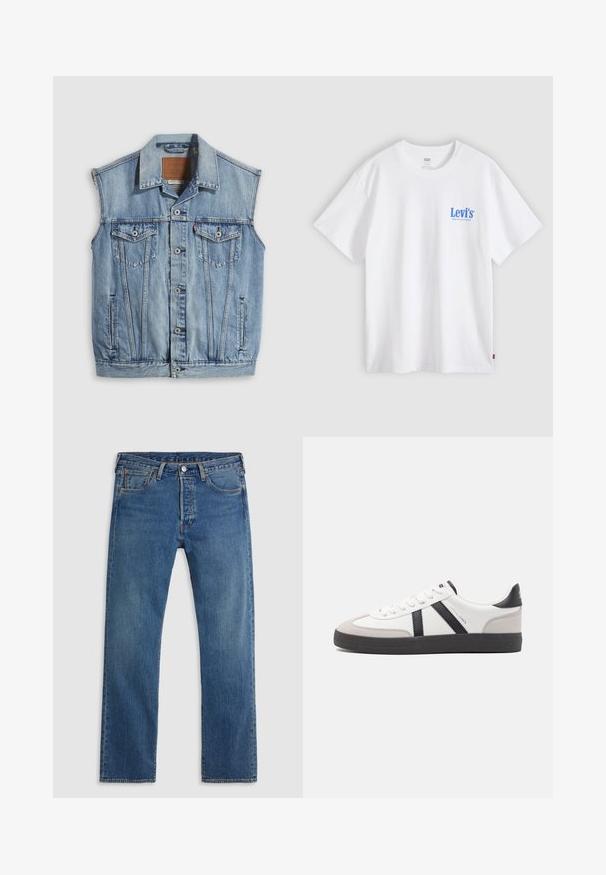 Jeansweste in Hellblau mit spitzem Kragen, vorderer Knopfleiste, zwei Brusttaschen und Seitentaschen; mit Leder-Branding-Patch versehen.; Weißes Levi's T-Shirt mit kurzen Ärmeln, blauem Logo-Text auf der linken Brust und kleinem rotem Etikett an der Seitennaht vor hellgrauem Hintergrund.; Blaue geradlinige Jeans aus Denim mit fünf Taschen, Gürtelschlaufen sowie einem Verschluss mit Knopf und Reißverschluss auf einem schlichten Hintergrund.; Weiße Sneaker mit schwarz- und grau-aczenten, ausgestattet mit einer strukturierten grauen Zehenkappe, schwarzer Gummi-Sohle und flachen weißen Schnürsenkeln. Sauberes Design, minimalistische Stil.