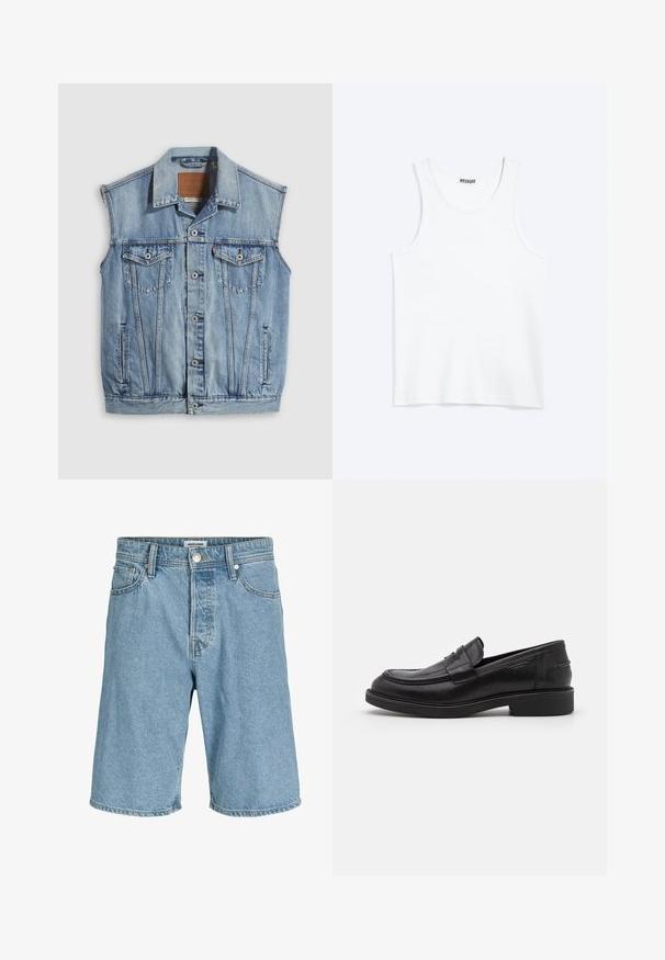 Veste en jean bleu clair avec col pointu, fermeture avant par boutons, deux poches poitrine et poches latérales ; comporte un écusson de marque en cuir.; Débardeur blanc sans manches avec col rond et étiquette de la marque Weekday à l'intérieur du col arrière, présenté à plat sur un fond clair.; Shorts en denim bleu clair avec bouton et fermeture éclair à l'avant, passants pour ceinture, et poches avant et arrière.; Mocassins en cuir noir avec un bout arrondi, des coutures ton sur ton et un détail de sangle à l'avant. Semelle en caoutchouc avec un petit talon.