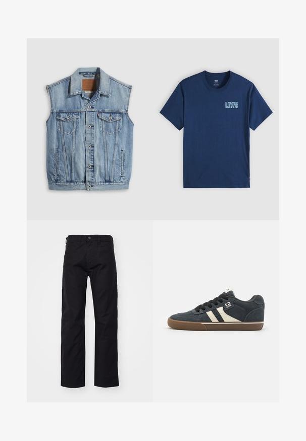 Jeansweste in Hellblau mit spitzem Kragen, vorderer Knopfleiste, zwei Brusttaschen und Seitentaschen; mit Leder-Branding-Patch versehen.; Marineblaues Baumwoll-T-Shirt mit kurzen Ärmeln, rundem Ausschnitt und weißem "LEVI'S"-Logo auf der linken Brust in einem strukturierten Muster.; Schwarze Canvas-Hosen mit geradem Bein, ausgestattet mit einem frontalen Knopfverschluss, Gürtelschlaufen und Seitentaschen. Die Textur ist glatt und strapazierfähig.; Dunkelblaue Wildledersneaker mit cremefarbenen Streifen, schwarzen Schnürsenkeln und einer braunen Gummisohle. Verfügt über einen gepolsterten Kragen und ein Logo an der Seite.