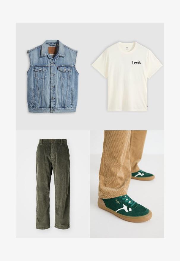 Chaleco vaquero en azul claro con cuello puntiagudo, cierre frontal con botones, dos bolsillos en el pecho y bolsillos laterales; cuenta con una etiqueta de cuero con la marca.; Camiseta blanca de manga corta con cuello redondo y pequeño logo negro de Levi's en el lado izquierdo del pecho sobre un fondo liso.; Pantalones de pana color verde oliva con acanalado vertical, que presentan un cierre de botón y un diseño de pierna recta. Textura suave con un ajuste clásico.; Zapatillas de ante verde con detalles en blanco y cordones verdes. Suela de goma, puntera redondeada y detalles en color marrón en el talón. Combinadas con pantalones de pana.
