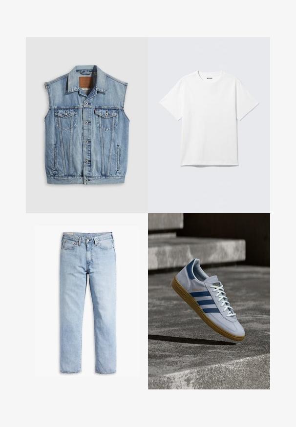 Denimvest in lichtblauw met een puntige kraag, knoopsluiting aan de voorkant, twee borstzakken en zijzakken; voorzien van een lederen merkpatch.; Witte T-shirt met korte mouwen en ronde hals, plat gelegd, effen ontwerp, met een "WEEKDAY" label in de kraag op een lichte achtergrond.; Lichtblauwe denim jeans met een rechte pijpdesign, vijfzakkenstijl en stevige stiksel-details. Voorzien van een rits en metalen knop.; Lichtblauwe Adidas Spezial sneaker met marineblauwe strepen en rubberen zool, getoond in de lucht boven betonnen trappen in een neutrale buitenomgeving.