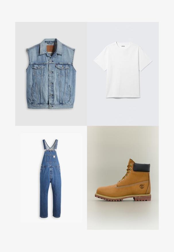 Veste en jean bleu clair avec col pointu, fermeture avant par boutons, deux poches poitrine et poches latérales ; comporte un écusson de marque en cuir.; T-shirt blanc à manches courtes et col rond, étalé à plat, design uni, avec l'étiquette "WEEKDAY" à l'intérieur du col sur un fond clair.; Salopette en denim bleu moyen, avec des bretelles ajustables, une poche avant et des éléments en métal, offrant une coupe décontractée et un design à jambes droites.; Bottine en cuir marron avec col noir, lacets jaunes et semelle beige. Présente un logo et des détails de couture blanche. Semelle extérieure à traction robuste.