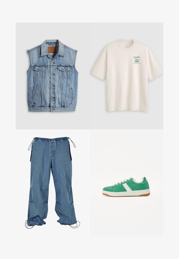 Chaleco vaquero en azul claro con cuello puntiagudo, cierre frontal con botones, dos bolsillos en el pecho y bolsillos laterales; cuenta con una etiqueta de cuero con la marca.; Camiseta blanca de algodón con mangas cortas, con un logo y texto verde de Lev's en el pecho izquierdo. Corte relajado, textura suave.; Pantalones de mezclilla azul claro con cintura elástica, puños con cordón y bolsillos laterales. La tela parece suave con una textura ligeramente descolorida.; Zapatillas de textil verdes con detalles en blanco, punta redonda, diseño con cordones y suela de goma. Presentan costuras decorativas y una textura suave.
