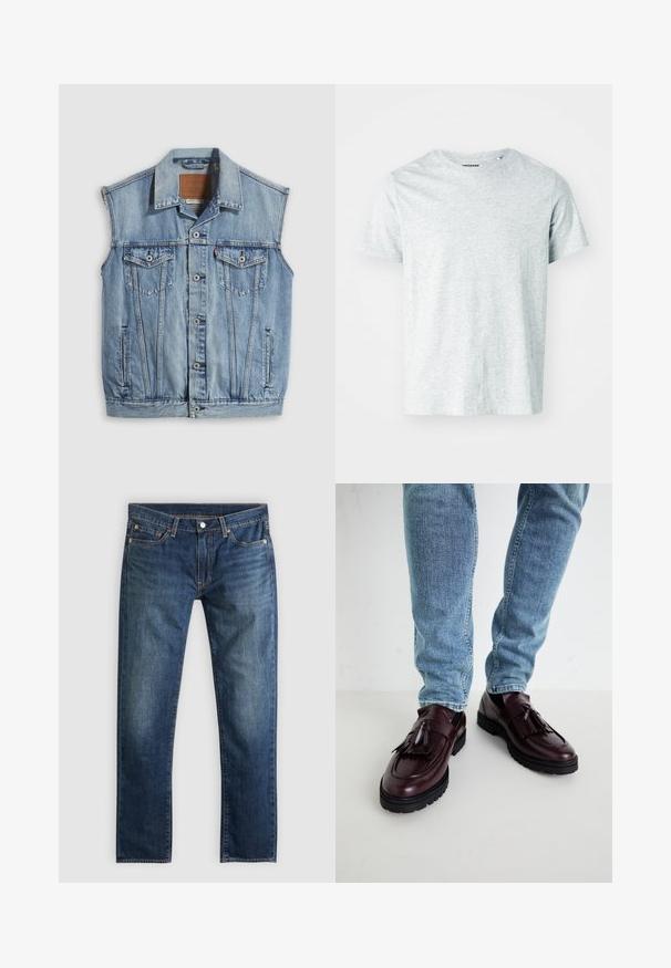Denimvest i lyseblå med spidse krave, knapper foran, to brystlommer og sidelommer; har et lædermærke med mærket.; Lys grå, kortærmet t-shirt lavet af blødt stof, med en rund hals og en let afslappet pasform. Ingen synlige mønstre eller grafik.; Mørkeblå slim-fit jeans med fem lommer, kobbernitter og knaplukning, liggende fladt på en lysegrå baggrund.; Bordeaux læder loafers med kvaster og en tekstureret overdel, parret med lyseblå denimjeans. Sort gummisål synlig.