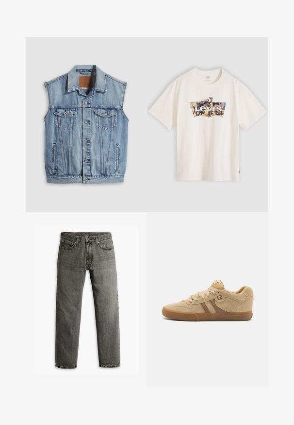 Jeansweste in Hellblau mit spitzem Kragen, vorderer Knopfleiste, zwei Brusttaschen und Seitentaschen; mit Leder-Branding-Patch versehen.; Cremefarbenes Baumwoll-T-Shirt mit einem Grafikdruck eines zweifarbigen Levi's-Logos und einer künstlerischen Szene in der Mitte. Kurzärmlig, Standardpassform.; Graue Jeans aus Denim mit geradem Bein, klassischem Fünf-Taschen-Design und dezenten Nähten an den Säumen und Taschen.; Beige Wildlederschuhe mit runder Zehenform, Schnürverschluss und einem braunen Akzentstreifen. Gummisohle mit strukturiertem Grip. Einfaches Logo an der Seite.