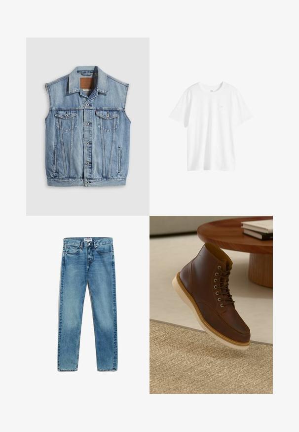 Denimvest in lichtblauw met een puntige kraag, knoopsluiting aan de voorkant, twee borstzakken en zijzakken; voorzien van een lederen merkpatch.; Effen wit T-shirt met korte mouwen en ronde hals, met een klein logo op de linkerborst, afgebeeld op een witte achtergrond.; Lichtblauwe spijkerbroek met een rechte snit, voorzien van vijf zakken, een ritsluiting en subtiele vervaging op de stof. Metaal knoopsluiting.; Bruine leren enkelboot met beige zool op een gestructureerd beige vloerkleed naast een ronde houten tafel met opgestapelde boeken.