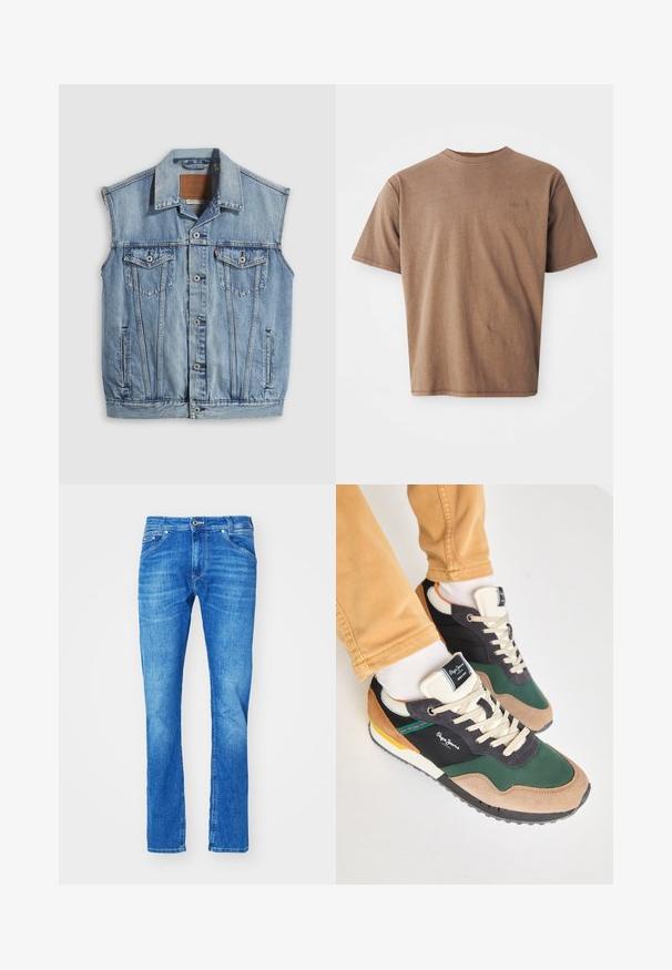 Jeansweste in Hellblau mit spitzem Kragen, vorderer Knopfleiste, zwei Brusttaschen und Seitentaschen; mit Leder-Branding-Patch versehen.; Braunes Baumwoll-T-Shirt mit Rundhalsausschnitt, kurzen Ärmeln und einem dezenten gestickten Logo auf der linken Brustseite. Glatte Textur, lockerer Schnitt.; Blaue Jeans aus Baumwolle mit geradem Bein, ausgestattet mit einem Knopf- und Reißverschluss, fünf Taschen und dezenten Ausbleichungen im Stoff.; Grüne und schwarze Sneakers aus Wildleder und Mesh-Materialien, mit cremefarbenen Schnürsenkeln, mehrfarbigen Akzenten und einer strukturierten Sohle. Logo von Pepe Jeans sichtbar.