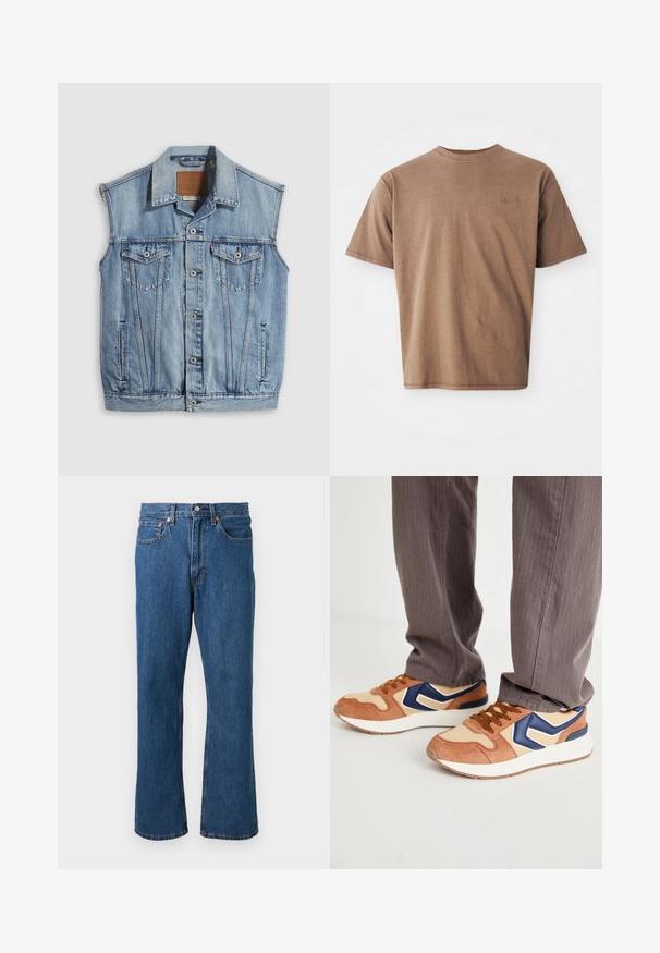 Veste en jean bleu clair avec col pointu, fermeture avant par boutons, deux poches poitrine et poches latérales ; comporte un écusson de marque en cuir.; T-shirt en coton marron avec un col rond, des manches courtes et un logo brodé discret sur le côté gauche de la poitrine. Texture lisse, coupe décontractée.; Jean droit bleu en denim avec bouton et fermeture éclair à l'avant, cinq poches et détails de coutures orange sur un fond uni.; Baskets mêlant suède beige et matériau synthétique crème, avec un accent bleu et une semelle texturée ; lacets marron ; portées avec un pantalon gris rayé.