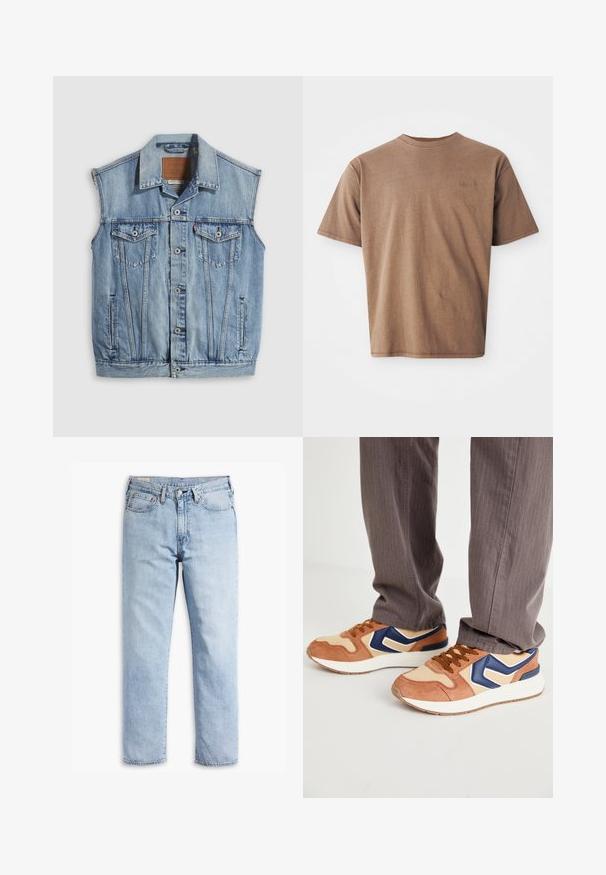 Denimvest i lyseblå med spidse krave, knapper foran, to brystlommer og sidelommer; har et lædermærke med mærket.; Brun bomulds t-shirt med rund hals, korte ærmer og et diskret broderet logo på venstre brystområde. Glat tekstur, afslappet pasform.; Lyseblå denimjeans med lige ben, fem-lommerstil og robust syning. Har lynlås og metalknap.; Sko med en blanding af tan ruskind og cremefarvet syntetisk materiale, med en blå accent og en struktureret sål; brune snørebånd; båret med grå stribede bukser.