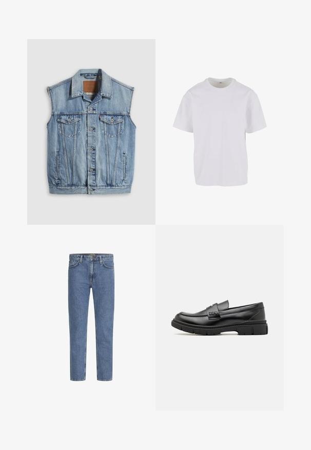 Denimvest i lyseblå med spidse krave, knapper foran, to brystlommer og sidelommer; har et lædermærke med mærket.; Hvid T-shirt med korteærmer lavet af blødt bomuld, med rund halsudskæring og en afslappet pasform med lige kant. Ingen mønstre eller detaljer synlige.; Lyseblå denimjeans med lige ben, fem lommer og kontrastsyede syninger. Let falmet for et slidt look. Kraftig metal knap.; Sort læder loafersko med en bred rem over forfoden, gummisål med tykke mønstre og glat overflade. Klassisk, slankt design.