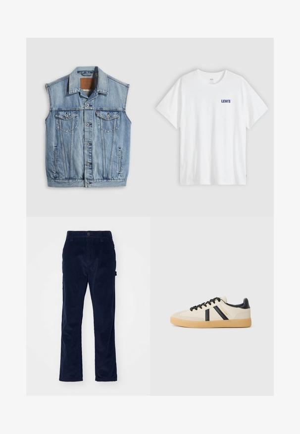 Veste en jean bleu clair avec col pointu, fermeture avant par boutons, deux poches poitrine et poches latérales ; comporte un écusson de marque en cuir.; T-shirt en coton blanc avec un logo "LEVI'S" bleu sur le haut à gauche de la poitrine. Design décontracté, manches courtes avec un col rond.; Pantalon en velours côtelé marine avec une coupe droite, présentant une texture à côtes verticales et une fermeture à bouton à l'avant.; Baskets décontractées en crème avec des rayures noires, présentant un dessus texturé et une semelle en caoutchouc. Les lacets sont noirs. Logo discret sur le côté.