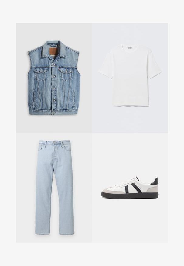 Veste en jean bleu clair avec col pointu, fermeture avant par boutons, deux poches poitrine et poches latérales ; comporte un écusson de marque en cuir.; T-shirt blanc uni à manches courtes et col rond, avec une petite étiquette "WEEKDAY" à l'intérieur du col arrière, présenté à plat.; Jean droit en denim bleu clair avec fermeture par bouton et zip à l’avant, passants de ceinture et poches avant sur fond blanc.; Baskets blanches avec des accents noirs et gris, présentant un embout texturé gris, une semelle en caoutchouc noir et des lacets plats blancs. Design épuré, style minimaliste.