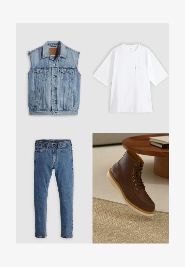 Denimvest i lyseblå med spidse krave, knapper foran, to brystlommer og sidelommer; har et lædermærke med mærket.; Hvid bomulds-T-shirt med korte ærmer, rund hals og lomme på venstre bryst. Har en lille rød logoetiket på lommen.; Blå denim jeans med lige skæring, fem lommer, orange syninger og en klassisk knap- og lynlåslukning. Slidt tekstur langs benene.; Brune læderankelstøvle med beige sål på et struktureret beige tæppe ved siden af et rundt træbord med stakke af bøger.