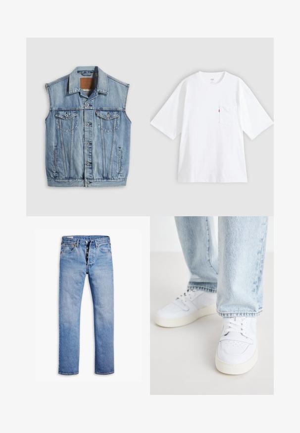 Veste en jean bleu clair avec col pointu, fermeture avant par boutons, deux poches poitrine et poches latérales ; comporte un écusson de marque en cuir.; T-shirt en coton blanc à manches courtes, col rond et poche poitrine gauche. Comprend une petite étiquette logo rouge sur la poche.; Jeans en denim bleu clair avec une coupe droite, une fermeture à cinq boutons, des passants de ceinture et un délavage subtil. Dispose de deux poches avant et de rivets en cuivre.; Baskets basses en cuir blanc avec un bout perforé, des lacets plats et un design minimaliste. Associées à un jean en denim bleu clair.
