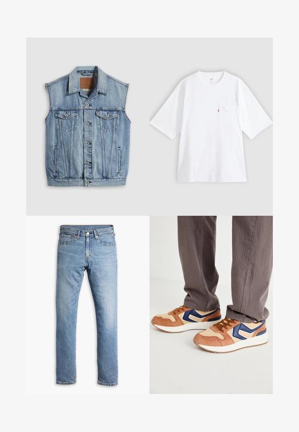Denimvest i lyseblå med spidse krave, knapper foran, to brystlommer og sidelommer; har et lædermærke med mærket.; Hvid bomulds-T-shirt med korte ærmer, rund hals og lomme på venstre bryst. Har en lille rød logoetiket på lommen.; Lyseblå denim jeans med straight-leg design, fem lommer, kontrasterende syninger og en knap- og lynlåslukning i taljen.; Sko med en blanding af tan ruskind og cremefarvet syntetisk materiale, med en blå accent og en struktureret sål; brune snørebånd; båret med grå stribede bukser.