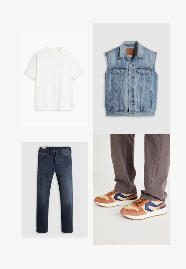 Denimvest in lichtblauw met een puntige kraag, knoopsluiting aan de voorkant, twee borstzakken en zijzakken; voorzien van een lederen merkpatch.; Wit katoenen T-shirt met korte mouwen, ronde hals en een subtiel "Levi's" logo in een lichte kleur op de voorkant gedrukt.; Donkerblauwe denim jeans met een rechte pijp, voorzien van een rits en metalen knopen, en koperen klinknagels. Gladde textuur, geen zichtbare patronen.; Sneakers met een mix van tan suede en crèmekleurig synthetisch materiaal, met een blauwe accent en een getextureerde zool; bruine veters; gedragen met grijs gestreepte broek.