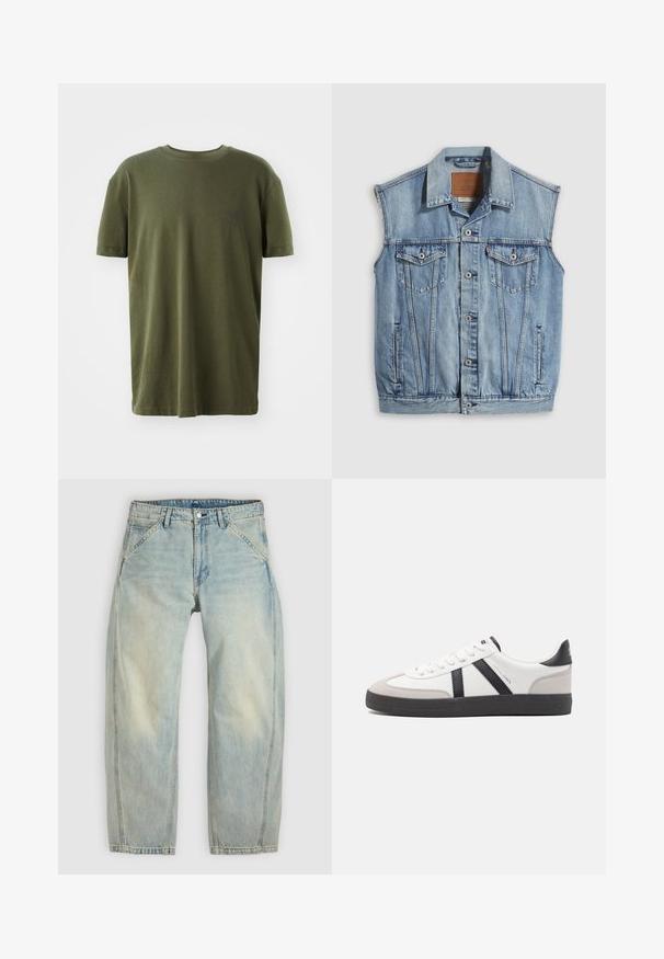 Veste en jean bleu clair avec col pointu, fermeture avant par boutons, deux poches poitrine et poches latérales ; comporte un écusson de marque en cuir.; T-shirt vert olive en coton, à manches courtes, col rond, avec un petit logo imprimé en bleu foncé sur la poitrine gauche.; Jean large couleur bleu clair en denim. Comprend cinq poches, une fermeture par bouton et des zones délavées pour un aspect usé.; Baskets blanches avec des accents noirs et gris, présentant un embout texturé gris, une semelle en caoutchouc noir et des lacets plats blancs. Design épuré, style minimaliste.