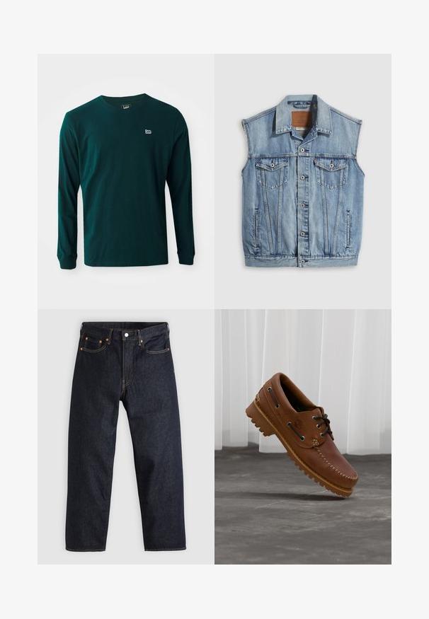 Veste en jean bleu clair avec col pointu, fermeture avant par boutons, deux poches poitrine et poches latérales ; comporte un écusson de marque en cuir.; T-shirt à manches longues en coton vert foncé avec un col rond et un petit logo blanc sur la poitrine gauche. Texture lisse, coupe décontractée.; Jean en denim bleu foncé avec une coupe droite, cinq poches, des coutures orange contrastantes et une fermeture à boutons. Pas de motifs ou d'ornements visibles.; Chaussure de bateau en cuir marron avec des lacets noirs, des coutures beiges et une semelle robuste, suspendue au-dessus d'un sol en béton gris.