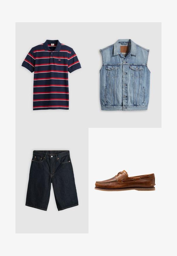Jeansweste in Hellblau mit spitzem Kragen, vorderer Knopfleiste, zwei Brusttaschen und Seitentaschen; mit Leder-Branding-Patch versehen.; Navyblaues Poloshirt mit rot-weißen horizontalen Streifen, drei Knöpfen am Kragen und kleinem Levi's-Logo auf der Brust. Aus weichem Baumwollmaterial.; Dunkelblaue Denim-Shorts in Knielänge mit Vorderknopf, Reißverschluss und fünf Taschen, flach auf einem hellgrauen Hintergrund ausgelegt.; Braune Lederbootsschuhe mit gesteppten Akzenten, metallischen Ösen, einer erhöhten Naht an der Zehe und einer flachen Gummisohle.