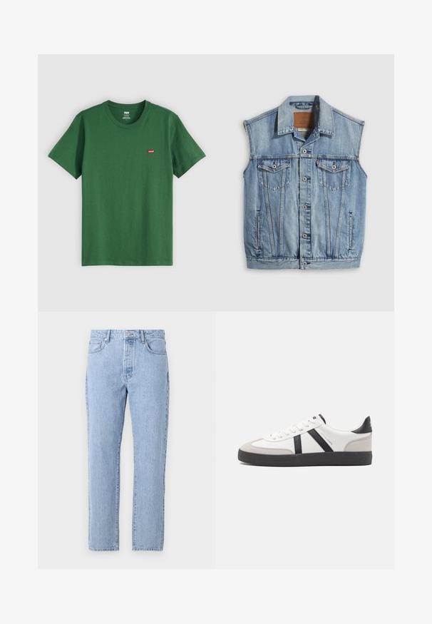 Jeansweste in Hellblau mit spitzem Kragen, vorderer Knopfleiste, zwei Brusttaschen und Seitentaschen; mit Leder-Branding-Patch versehen.; Grünes Baumwoll-T-Shirt mit Rundhalsausschnitt, kurzen Ärmeln und einem kleinen roten Levi's-Logo auf der linken Brust. Weicher Stoff, normale Passform.; Helle blaue Denim-Jeans mit geradem Schnitt, fünf Taschen und einem Knopfverschluss. Weiche Textur mit klassischem, ausgebleichtem Finish.; Weiße Sneaker mit schwarz- und grau-aczenten, ausgestattet mit einer strukturierten grauen Zehenkappe, schwarzer Gummi-Sohle und flachen weißen Schnürsenkeln. Sauberes Design, minimalistische Stil.