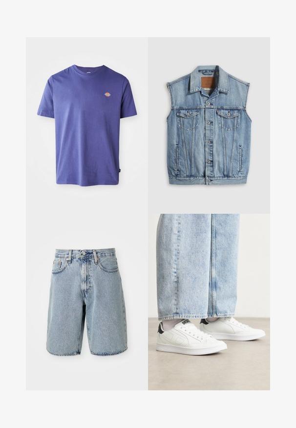 Veste en jean bleu clair avec col pointu, fermeture avant par boutons, deux poches poitrine et poches latérales ; comporte un écusson de marque en cuir.; T-shirt en coton violet avec un col rond et des manches courtes. Présente un petit logo sur la poitrine. Texture lisse, coupe décontractée.; Shorts en denim bleu clair avec taille haute, coupe droite, ourlet effiloché, cinq poches et bouton de fermeture. Texture abîmée visible.; Baskets blanches avec une texture en cuir lisse, accents noirs au talon et détails perforés. Associées à un pantalon en denim large de couleur bleu clair.