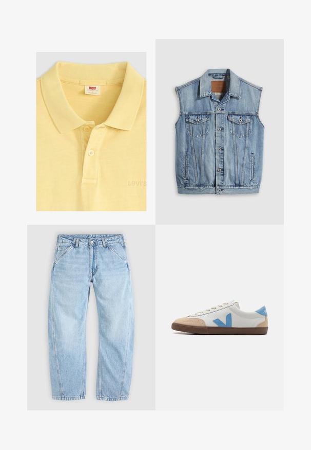 Chaleco vaquero en azul claro con cuello puntiagudo, cierre frontal con botones, dos bolsillos en el pecho y bolsillos laterales; cuenta con una etiqueta de cuero con la marca.; Levi's® Polo - acacius stripe egret; Vaqueros de mezclilla azul claro con un corte holgado, cierre frontal con botón y cremallera, bolsillos delanteros inclinados y trabillas para cinturón.; Zapatillas de cuero blanco con punta de ante color tostado y acentos en azul. Presentan una suela de goma marrón texturizada y cordones redondos. Vista lateral.