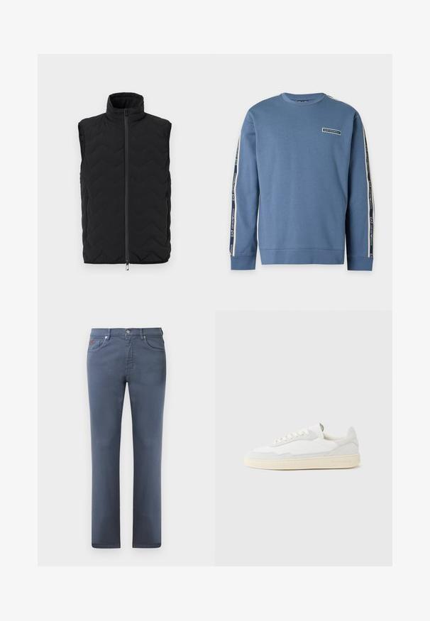 Chaleco negro sin mangas acolchado con cuello alto, cremallera frontal, dos bolsillos laterales con cremallera y logo sutil en el pecho sobre fondo liso.; Sudadera azul de manga larga con cuello redondo, con el logo EA7 Emporio Armani en el pecho y cinta con la marca a lo largo de ambas mangas.; Jeans de mezclilla gris con corte recto, cinco bolsillos y cierre de botón metálico. Presenta costuras sutiles y un pequeño detalle de logo.; Zapatilla blanca con parte superior texturizada de ante y cuero. Presenta una puntera redondeada, cierre con cordones y suela de goma beige contrastante.