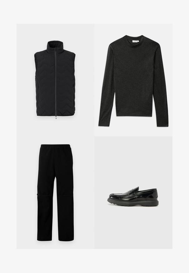 Sort ærmeløs quiltet vest med høj krave, lynlås foran, to lynlåslommer i siderne og diskret brystlogo på ensfarvet baggrund.; Mørkegrå langærmet crew neck shirt med slim fit og J. Lindeberg label ved halsudskæringen, lagt fladt på en hvid baggrund.; Sorte fleecebukser med elastisk talje og lige ben. Glat tekstur uden synlige mønstre eller hardware.; Sort læderloafer med en blank finish, rund tå, subtile syninger og en tyk gummisål for holdbarhed.