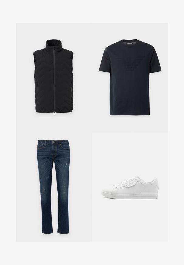 Chaleco negro sin mangas acolchado con cuello alto, cremallera frontal, dos bolsillos laterales con cremallera y logo sutil en el pecho sobre fondo liso.; Camiseta negra de manga corta con cuello redondo, con un sutil logo de águila en relieve en el pecho y una etiqueta de marca dentro del cuello.; Vaqueros ajustados de color azul oscuro con ligero desvanecido y pequeñas manchas de pintura blanca, con cinco bolsillos y cierre de botón.; Zapatilla de cuero blanco con puntera redondeada, seis ojales, cordones planos y un diseño minimalista. Presenta un pequeño logo en el lateral.