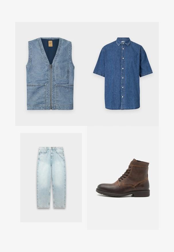 Denimweste in Hellblau mit V-Ausschnitt, Frontreißverschluss und zwei großen Fronttaschen. Schlichtes Design und strukturierter Stoff.; Kurzärmliges Denim-Shirt in Dunkelblau. Verfügt über eine durchgehende Knopfleiste, klassischen Kragen und gestichelte Details entlang der Kanten.; Helle blaue Denim-Jeans mit weitem Schnitt, geradem Bein, verblasster Textur, Fünf-Taschen-Design und Metallknopfverschluss am Bund.; Jack & Jones JFWDELANEY BOOT - Schnürstiefelette - cognac