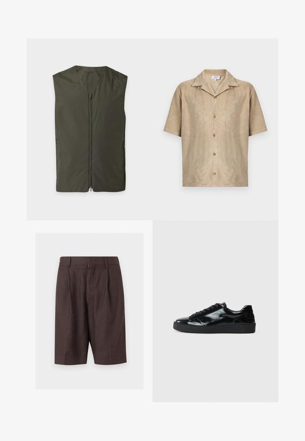 Veste sans manches vert foncé avec une fermeture éclair frontale et deux fermetures éclair latérales, posée à plat sur un fond clair.; Chemise beige à manches courtes avec col ouvert, quatre boutons sur le devant et tissu doux texturé par Maison Kitsuné.; Shorts sur mesure marron foncé longueur genou avec passants de ceinture et plis devant, présentés sur un fond clair uni.; Baskets en cuir verni noir avec un bout arrondi, un laçage, une semelle en caoutchouc texturé et une finition lisse.
