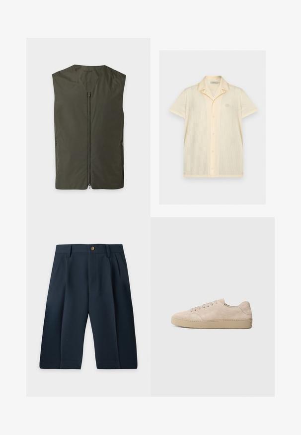 Veste sans manches vert foncé avec une fermeture éclair frontale et deux fermetures éclair latérales, posée à plat sur un fond clair.; Chemise crème à manches courtes avec boutons, col pointu et motif perforé vertical subtil, avec un petit logo brodé sur la poitrine gauche.; Short à jambes larges bleu marine foncé avec passants pour ceinture, bouton devant, fermeture éclair, poches latérales et plis de chaque côté.; Baskets en daim beige avec un bout rond, des lacets plats et une semelle en caoutchouc texturé. Design minimaliste avec des bords lisses et des coutures discrètes.