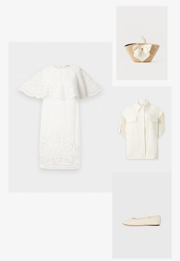 Witte korte mouwen jas met puntkraag, flapzakken aan de voorkant en lange franjes langs de mouwen.; Witte jurk met een ontwerp van geschulpte kapmouwen, bloemenborduursel en uitsnijdingen langs de zoom. Eenvoudige, elegante vorm.; Ballet flats van geweven crème materiaal, met een spitse neus, een klein strikje aan de voorkant en een bandje over de bovenkant. Platte zool.; Gevlochten strooien draagtas met crèmekleurige stoffen handvatten en een grote decoratieve crèmekleurige strik aan de voorkant, op een effen achtergrond.