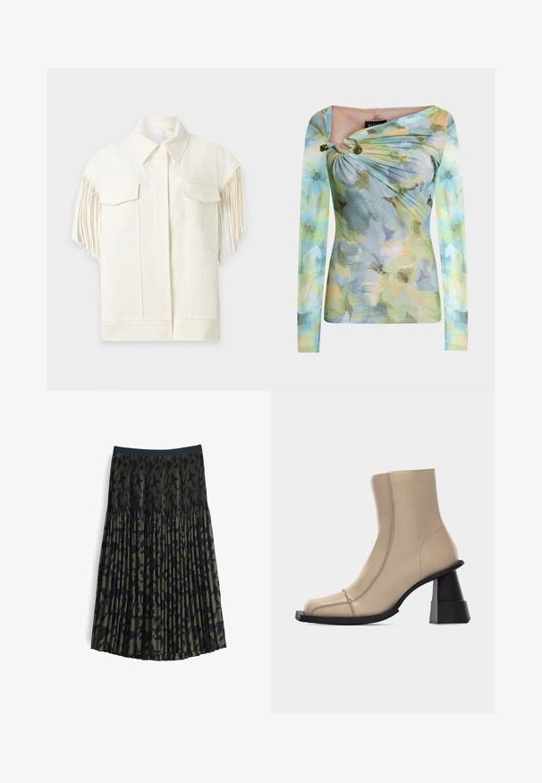 Weiße kurzärmelige Jacke mit spitzem Kragen, aufgesetzten Fronttaschen und langen Fransen entlang der Ärmel.; Eng anliegendes Langarmoberteil mit pastellfarbenem Blumenmuster, asymmetrischem Ausschnitt, der auf der linken Schulter mit zwei grünen Perlen gerafft ist.; Faltenrock in Dunkelgrün mit schwarzem Leopardenmuster. Elastischer Bund, leichtem Stoff und fließendem Design. Ausgestellte Silhouette.; Beiger Leder-Stiefelette mit quadratischer Spitze, sichtbaren Nähten und stabilem, schwarzem, skulpturiertem Blockabsatz auf weißem Hintergrund.