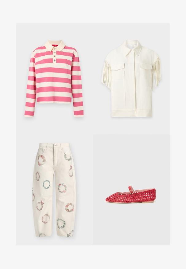 Chaqueta blanca de manga corta con cuello puntiagudo, bolsillos delanteros con solapas y detalles de flecos largos a lo largo de las mangas.; Polo de manga larga a rayas en rosa y crema. Presenta un cuello con solapa y tres botones decorativos en la parte delantera. Material de algodón.; Pantalones color crema con diseños de coronas florales en varios colores, hechos de algodón, con un ajuste relajado y estilo de cinco bolsillos.; Zapato plano tejido rojo con puntera puntiaguda y correa ajustable tipo Mary Jane, exhibido sobre un fondo gris claro liso.