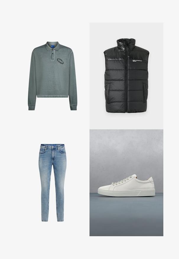Zwarte puffer vest met hoge kraag, ritssluiting aan de voorkant en gestikte delen. Heeft discrete zijzakken en een logo op de linkerborst.; Langdurige mouw polo in gedempt teal, met een geribde kraag en manchetten. Zwart logo borduring op de borst. Zachte, gestructureerde stof.; Lichtblauwe, slim-fit jeans van denim. Voorzien van een vijf-pocket ontwerp, knoopsluiting en subtiele vervaging. Glen soepel oppervlak en rechte pijpen.; Witte leren sneaker met een ronde neus, minimalistisch ontwerp, grijze veters en een gestructureerde grijze rubberen zool. Fijne stikdetails zichtbaar.