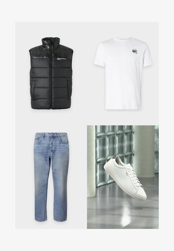 Mustad must vest kõrge kraega, lukuga esiosaga ja vatitatud sektsioonidega. Omab diskreete küljetaskuid ja logo vasakul rinnal.; Valge puuvillane T-särk, mille vasakul rinnal on väike must-valge graafika. Klassikaline ümmargune kaelus ja lühikesed varrukad.; Heledad sinise denimi sirgedega püksid viie taskuga disainiga, nähtavate õmblustega ning nööbiga talje kinnitamiseks.; Valge nahast madala säärega tenniskingad paeltega, must kannaosa ja "BOSS" logo, hõljuvad siseruumis klaasplokkidest seina ja läikiva põranda lähedal.