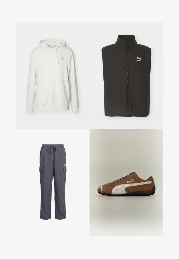Sort fleece vest med høj krave, to forlommer og en central lynlås. Har et hvidt Puma-logo på venstre bryst.; Lys beige hoodie lavet af en bomuldsblandingsmateriale. Har en kængurulomme, snoretrækslids og et lille logo-patch på brystet.; Mørkegrå løstsiddende cargobukser med elastisk taljebånd, snøre og klaplommer på siderne, med Puma-logo på højre lår.; Brun ruskindsneaker med hvide accenter og tekstureret design. Har en sort gummisål og et fremtrædende Puma-logo på siden.