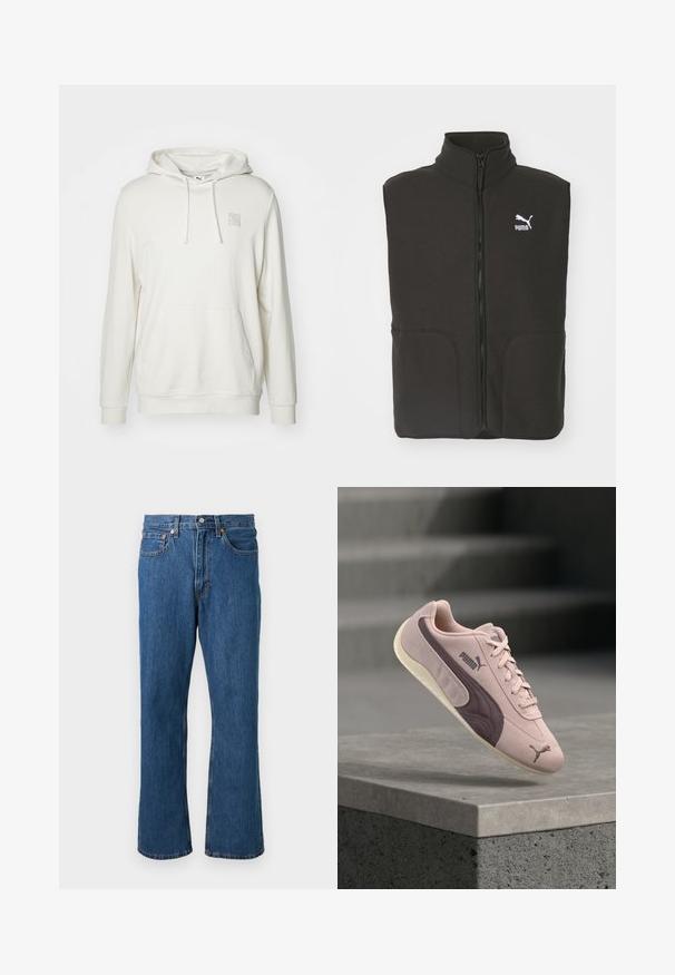 Sort fleece vest med høj krave, to forlommer og en central lynlås. Har et hvidt Puma-logo på venstre bryst.; Lys beige hoodie lavet af en bomuldsblandingsmateriale. Har en kængurulomme, snoretrækslids og et lille logo-patch på brystet.; Blå straight-leg denim jeans med frontknap og lynlås, fem lommer og orange syninger på en ensfarvet baggrund.; Lyserød ruskinds sneaker med en mørkelilla sideliste og teksturerede detaljer. Har snørebåndsdesign og gummisål med logo-detalje.