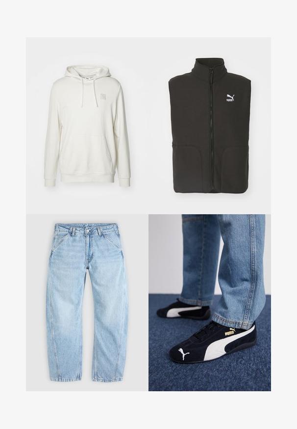 Sort fleece vest med høj krave, to forlommer og en central lynlås. Har et hvidt Puma-logo på venstre bryst.; Lys beige hoodie lavet af en bomuldsblandingsmateriale. Har en kængurulomme, snoretrækslids og et lille logo-patch på brystet.; Lyseblå denim jeans med afslappet pasform, frontknapper og lynlås, skrå frontlommer og bæltestropper.; Sorte ruskinds sneakers med hvide detaljer og et guldlogo. Båret med lyseblå denimjeans og sat på en struktureret blå overflade.