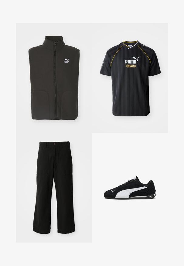Gilet en polaire noir avec un col haut, deux poches avant et une fermeture éclair centrale. Présente un logo Puma blanc sur la poitrine gauche.; Maillot de sport noir avec des rayures verticales, un col rond et des détails jaunes. Affiche les logos "PUMA" et "KING" à l'avant.; Pantalons noirs à large jambe en tissu doux, dotés de poches avant et d'une fermeture à bouton à la taille. Design minimaliste sans motifs visibles.; Chaussures de sport en daim noir avec une bande latérale blanche, des accents de marque blancs, une semelle plate noire et des lacets noirs.