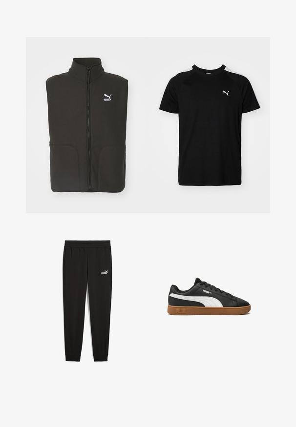Sort fleece vest med høj krave, to forlommer og en central lynlås. Har et hvidt Puma-logo på venstre bryst.; Sort kortærmet t-shirt med hvide accentstriber på skuldrene, rund halsudskæring og lille hvidt logo på venstre bryst. Blødt stof, klassisk pasform.; Sorte sweatpants lavet af blødt stof, med en elastisk talje, sidelommer og et hvidt Puma-logo på venstre side.; Sort lædersneaker med en hvid Puma-stribe, brun gummisål og klassisk snøre-design. Har Puma-logo på siden og tungen.