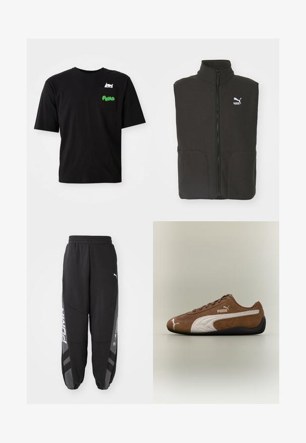 Schwarze Fleece-Weste mit hohem Kragen, zwei Fronttaschen und einem zentralen Reißverschluss. Mit einem weißen Puma-Logo auf der linken Brust.; Schwarzes Baumwoll-T-Shirt mit kurzen Ärmeln, ausgestattet mit einer Tasche, die eine Katzengrafik und grünen "PUMA"-Text zeigt. Lässiger Schnitt und glatte Textur.; Schwarze Jogginghosen aus weichem Material. Mit elastischem Bund, schmal zulaufenden Beinen, grauen Akzenten und weißen Logos an den Seiten.; Brauner Wildleder-Sneaker mit weißen Akzenten und strukturiertem Design. Mit einer schwarzen Gummisohle und einem auffälligen Puma-Logo an der Seite.
