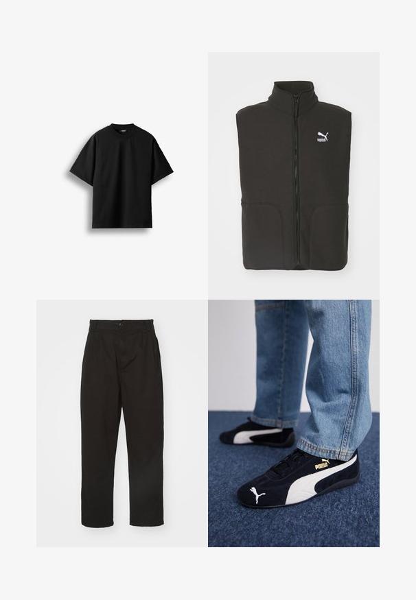 Gilet en polaire noir avec un col haut, deux poches avant et une fermeture éclair centrale. Présente un logo Puma blanc sur la poitrine gauche.; T-shirt noir à manches courtes et col rond, présenté à plat sur un fond blanc avec une petite étiquette visible au niveau du col.; Pantalons noirs en tissu lisse, dotés d'une fermeture à bouton, d'une coupe droite et de deux plis à l'avant pour un détail supplémentaire.; Baskets en daim noir avec accents blancs, arborant un logo doré. Portées avec un jean en denim bleu clair et posées sur une surface bleue texturée.